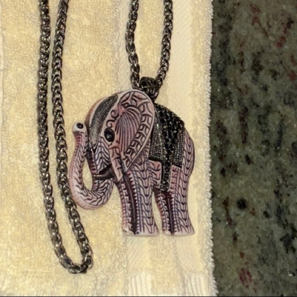 Elephant Pendant on Bold Dark Metal Chain Unsigned